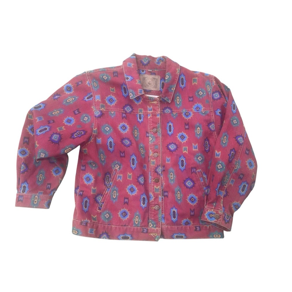 Gotcha Covered Denim Jean Jacket Red Western 90s Women's Medium Unisex Aztec USA